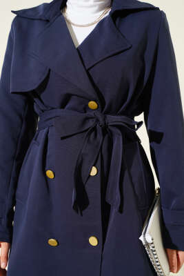 Tek Omuz Apoletli Kruvaze Trençkot Lacivert - Trençkot