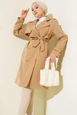 Tek Omuz Apoletli Kruvaze Trençkot Latte - BERAT TEKSTİL