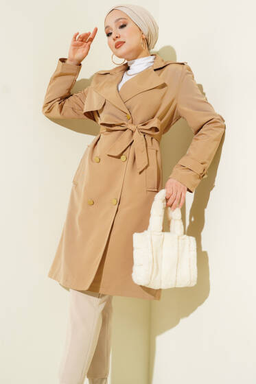 Tek Omuz Apoletli Kruvaze Trençkot Latte - Trençkot