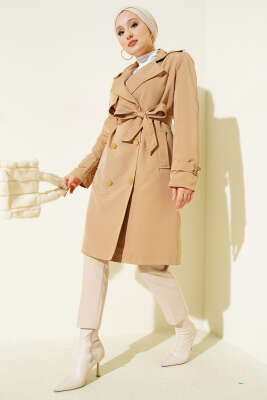 Tek Omuz Apoletli Kruvaze Trençkot Latte - Trençkot