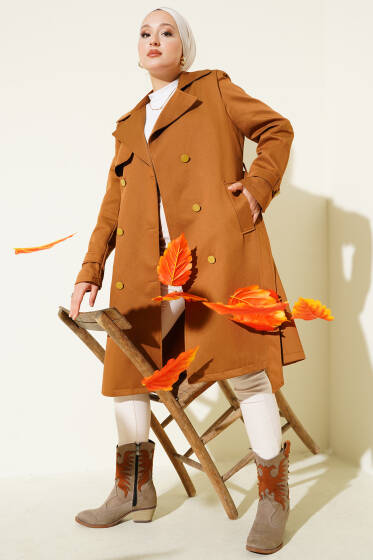 Tek Omuz Apoletli Kruvaze Trençkot Taba - Trençkot