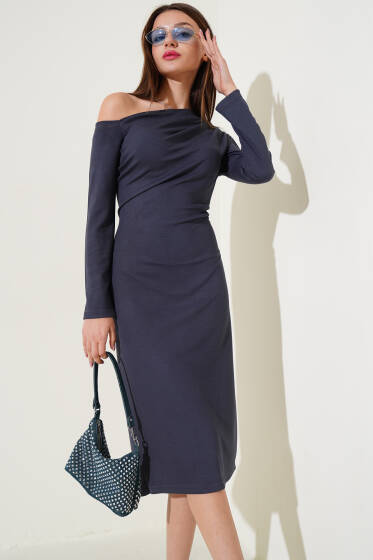 Tek Omuz Basic Elbise Füme - Yeni Giyim