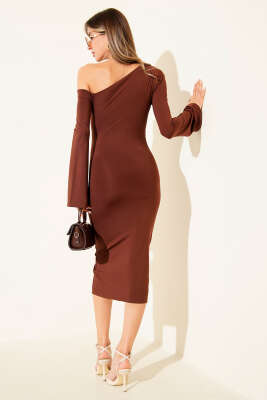 Tek Omuz Bel Büzgülü Elbise Kahve - Yılın Fırsatı