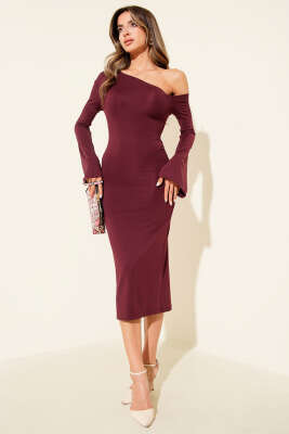 Tek Omuz Bel Büzgülü Elbise Mürdüm - Yılın Fırsatı