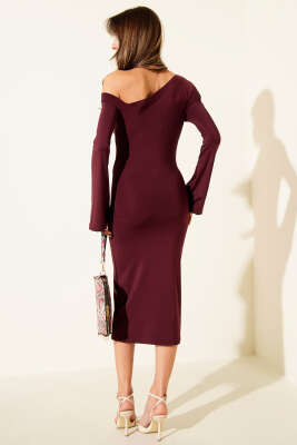 Tek Omuz Bel Büzgülü Elbise Mürdüm - Yılın Fırsatı