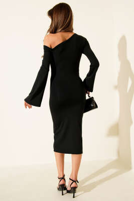 Tek Omuz Bel Büzgülü Elbise Siyah - Yılın Fırsatı