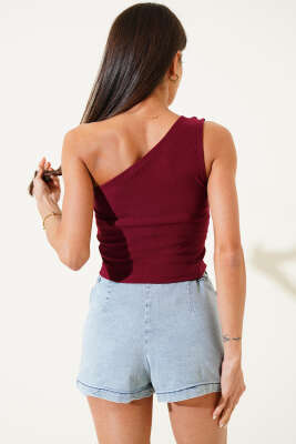 Tek Omuz Gold Tokalı Kaşkorse Crop Bordo - Yeni Giyim