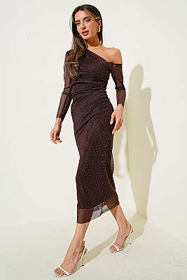 Tek Omuz Mini Taşlı Elbise Kahve - Kadın Giyim Modelleri