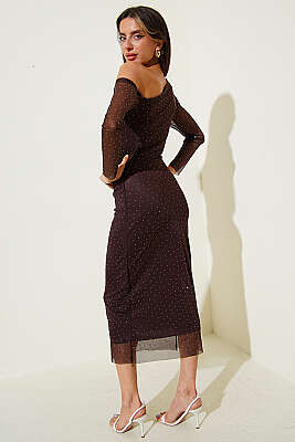 Tek Omuz Mini Taşlı Elbise Kahve - Kadın Giyim Modelleri