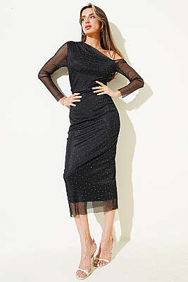 Tek Omuz Mini Taşlı Elbise Siyah - Kadın Giyim Modelleri