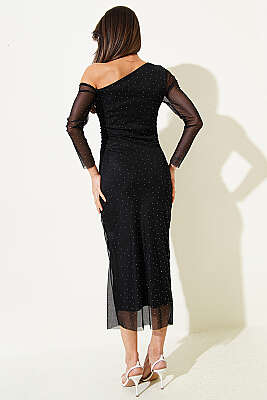 Tek Omuz Mini Taşlı Elbise Siyah - Kadın Giyim Modelleri