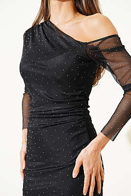 Tek Omuz Mini Taşlı Elbise Siyah - Kadın Giyim Modelleri