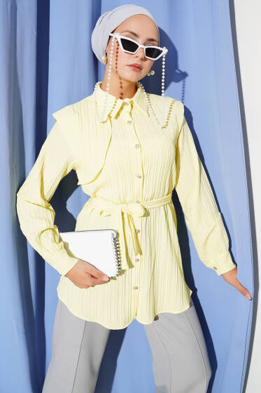 Tek Omuz Pelerinli Kuşaklı Gömlek Sarı - Gömlek