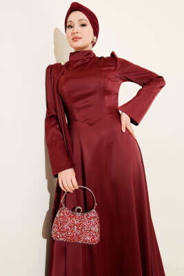 Tek Omuz Pelerinli Saten Abiye Bordo - Elbise