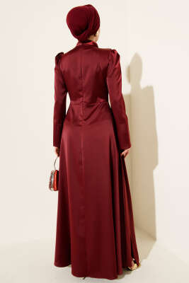 Tek Omuz Pelerinli Saten Abiye Bordo - Elbise