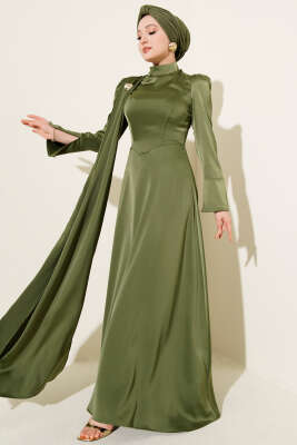Tek Omuz Pelerinli Saten Abiye Haki 