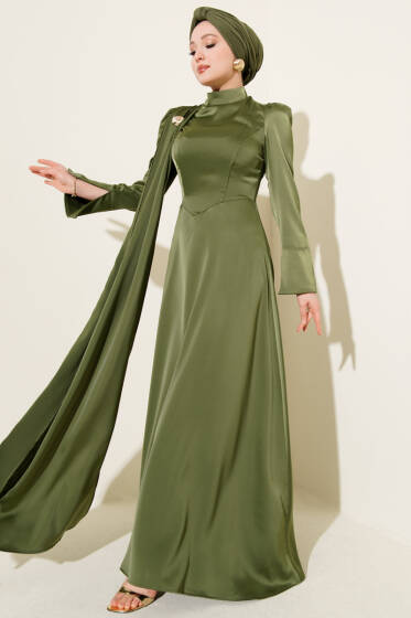Tek Omuz Pelerinli Saten Abiye Haki - Elbise