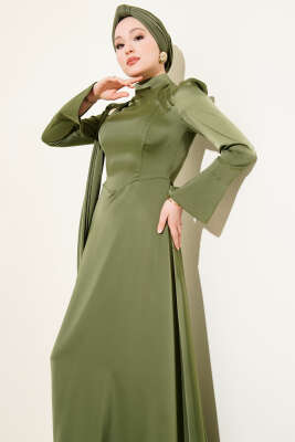 Tek Omuz Pelerinli Saten Abiye Haki - Elbise