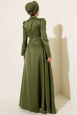Tek Omuz Pelerinli Saten Abiye Haki - Elbise