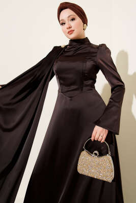 Tek Omuz Pelerinli Saten Abiye Kahve - Elbise