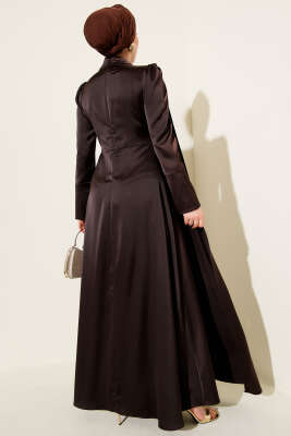 Tek Omuz Pelerinli Saten Abiye Kahve - Elbise