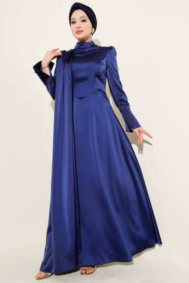 Tek Omuz Pelerinli Saten Abiye Lacivert - Elbise