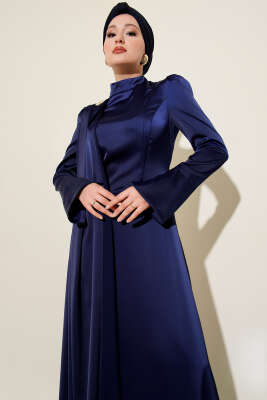 Tek Omuz Pelerinli Saten Abiye Lacivert - Elbise