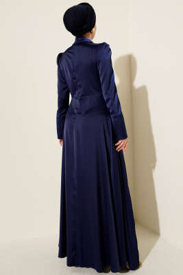 Tek Omuz Pelerinli Saten Abiye Lacivert - Elbise