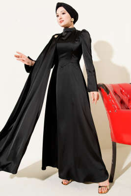 Tek Omuz Pelerinli Saten Abiye Siyah - Elbise