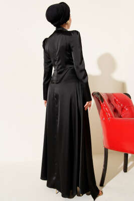 Tek Omuz Pelerinli Saten Abiye Siyah - Elbise