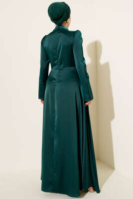Tek Omuz Pelerinli Saten Abiye Zümrüt - Elbise