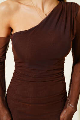 Tek Omuzlu Büzgülü Tül Midi Elbise Kahve - Kadın Giyim Modelleri
