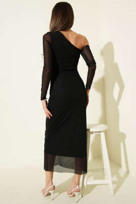 Tek Omuzlu Büzgülü Tül Midi Elbise Siyah - Kadın Giyim Modelleri