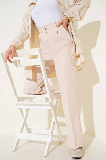 Tek Pileli Cepli Kumaş Pantolon Bej - Pantolon