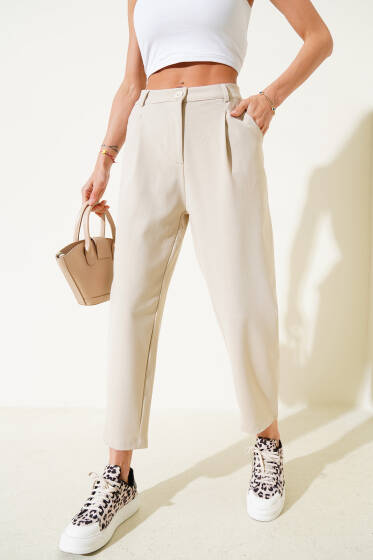 Tek Pileli Dar Paça Pantolon Bej - Kadın Giyim Modelleri
