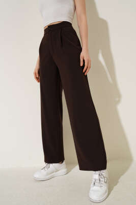 Tek Pileli Düğmeli Kumaş Pantolon Kahve - LEVURE