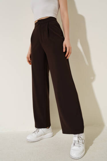 Tek Pileli Düğmeli Kumaş Pantolon Kahve - Kadın Giyim Modelleri
