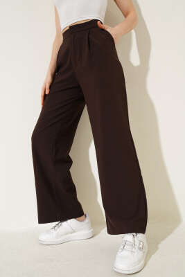 Tek Pileli Düğmeli Kumaş Pantolon Kahve - Kadın Giyim Modelleri