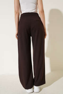 Tek Pileli Düğmeli Kumaş Pantolon Kahve - Kadın Giyim Modelleri