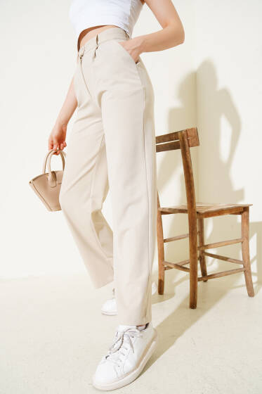 Tek Pileli Geniş Paçalı Pantolon Bej - Kadın Giyim Modelleri
