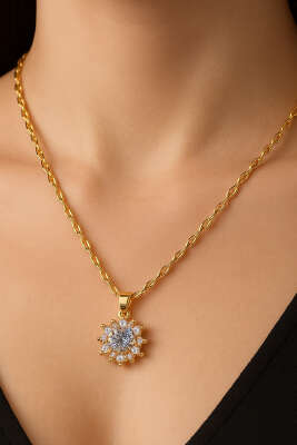 Tek Taşlı Yuvarlak Kolye Gold - Kolye