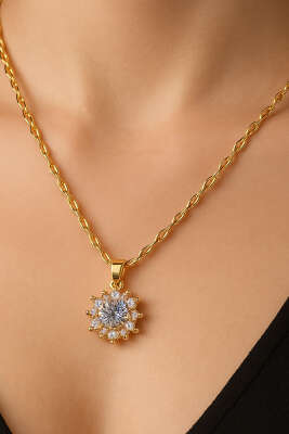 Tek Taşlı Yuvarlak Kolye Gold - Kolye