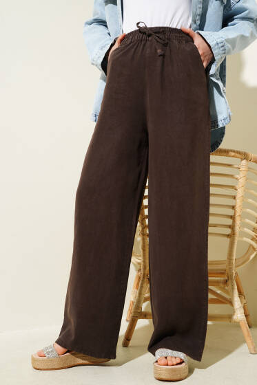 Tencel Beli Lastikli Pantolon Kahve - Pantolon
