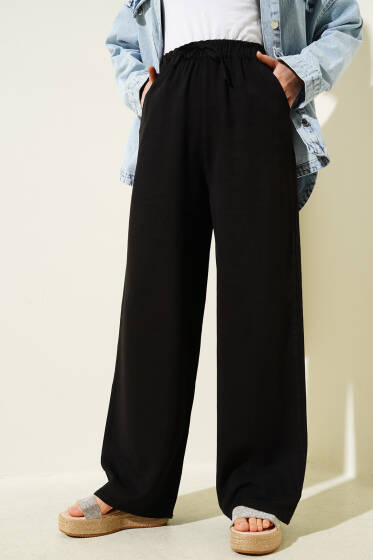 Tencel Beli Lastikli Pantolon Siyah - Pantolon
