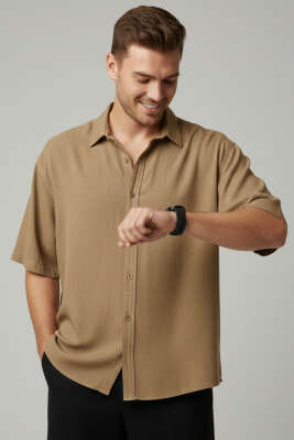 Tensel Kısa Kollu Erkek Gömlek Bej - DEEP POİNT