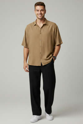 Tensel Kısa Kollu Erkek Gömlek Bej - Erkek Gömlek