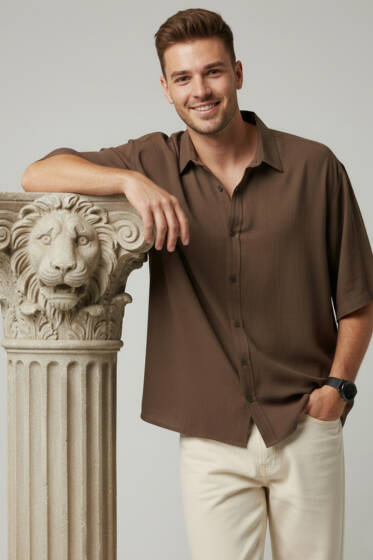 Tensel Kısa Kollu Erkek Gömlek Kahve - Erkek Gömlek