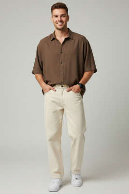 Tensel Kısa Kollu Erkek Gömlek Kahve - Erkek Gömlek