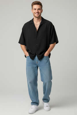Tensel Kısa Kollu Erkek Gömlek Siyah 