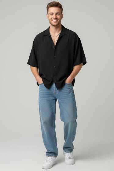 Tensel Kısa Kollu Erkek Gömlek Siyah - Erkek Gömlek